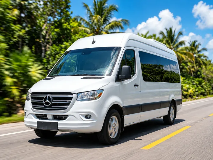White Mercedes passenger van traveling along the same tropical road.